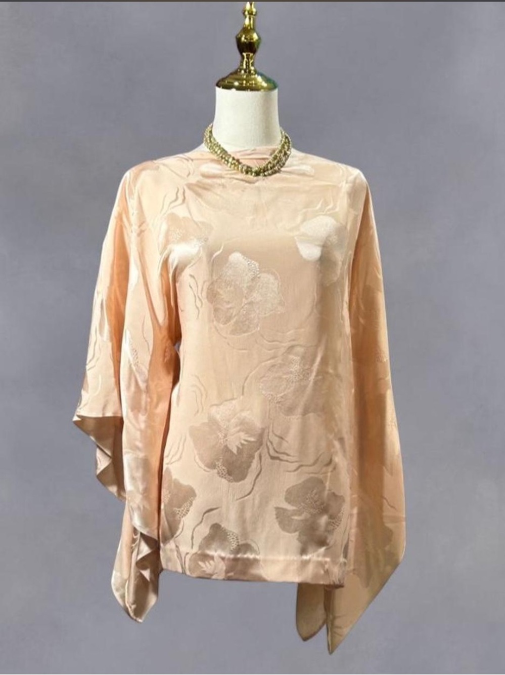 Handmade Vintage feminine peach floral fairy silk flowy sleeve blouse Sz S